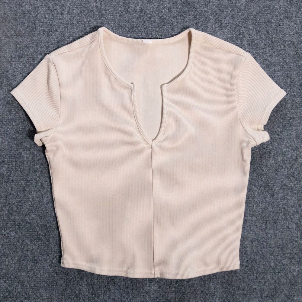Alo Women's Savvy Short Sleeve Ribbed Stretch Crop Top Shirt Baby Tee Beige XS